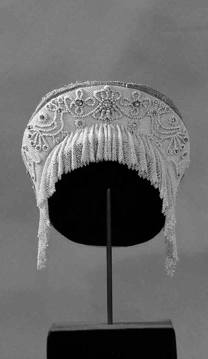 Headdress, silk, glass, cotton, metal, pearls, Russian