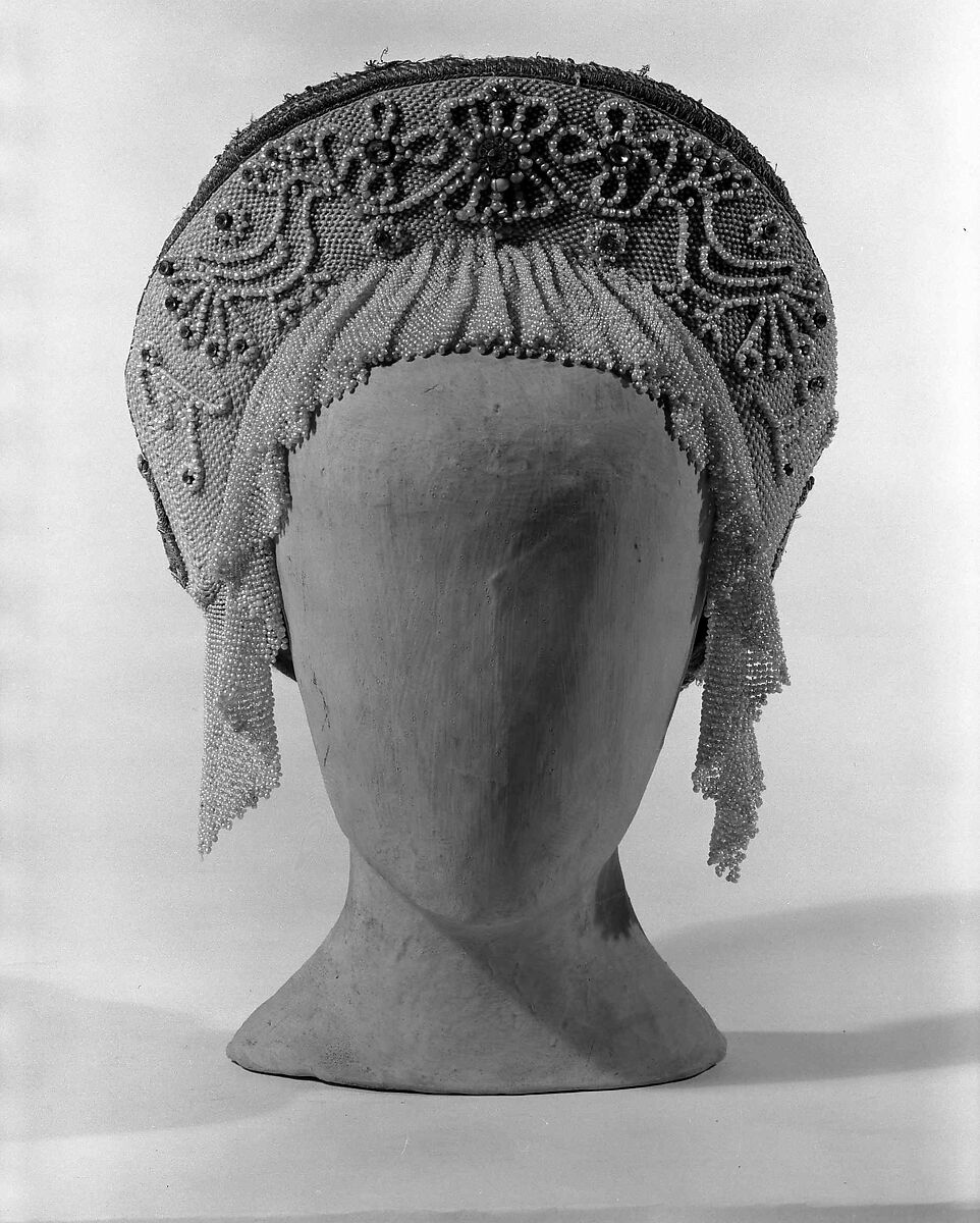 Headdress, silk, glass, cotton, metal, pearls, Russian