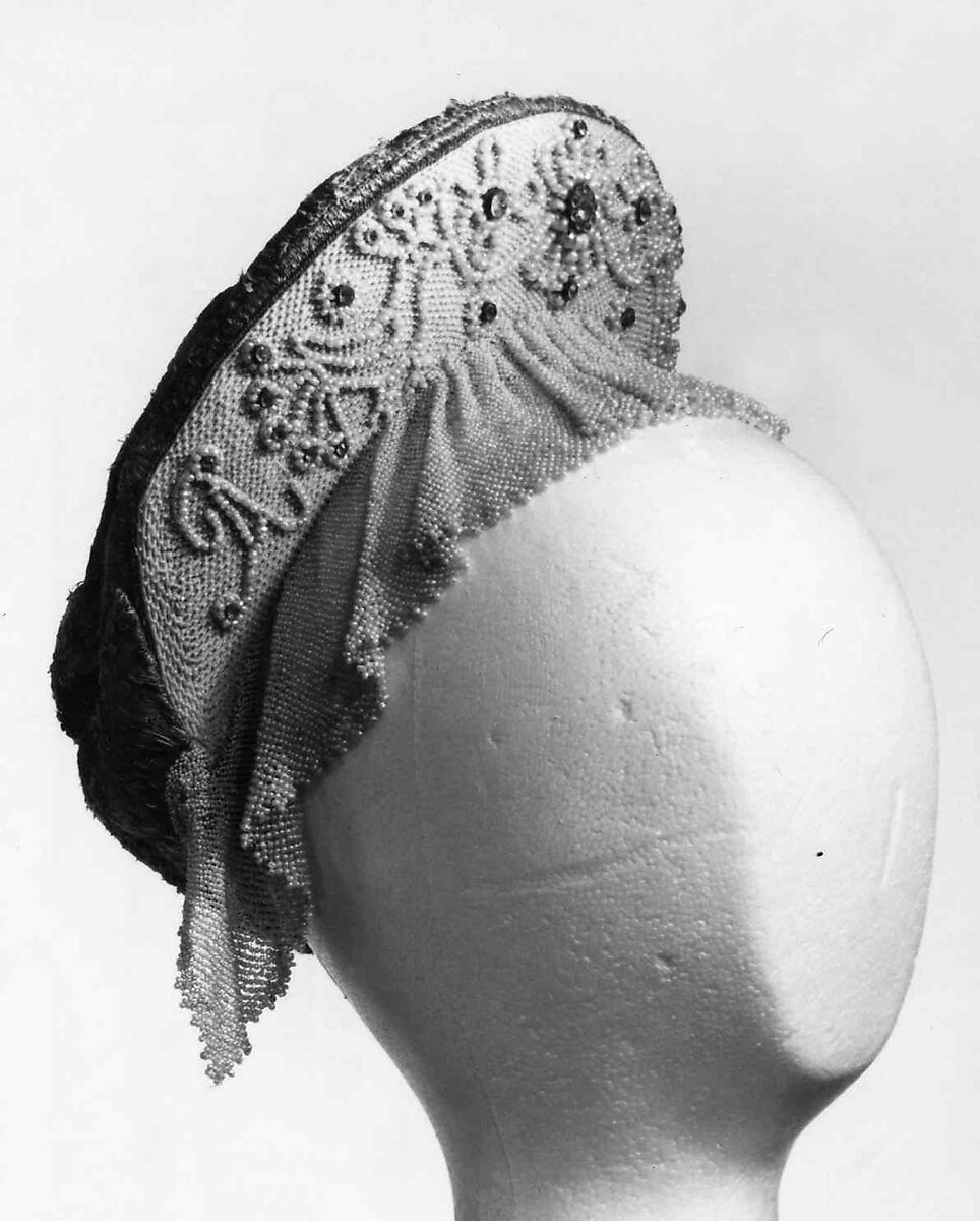 Headdress, silk, glass, cotton, metal, pearls, Russian