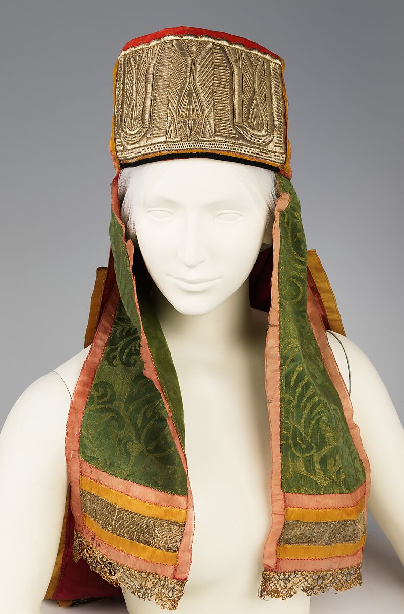 Headdress, silk, metal, paper, Russian 