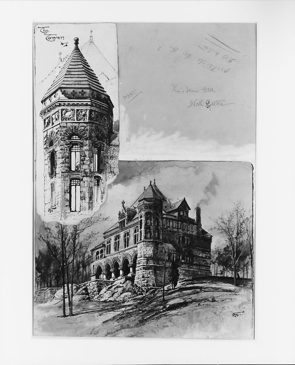 The Town Hall, North Easton, Massachusetts, Harry Fenn (American (born England), Surrey 1845–1911 Montclair, New Jersey), Black and brown ink and gouache, on paperboard, American