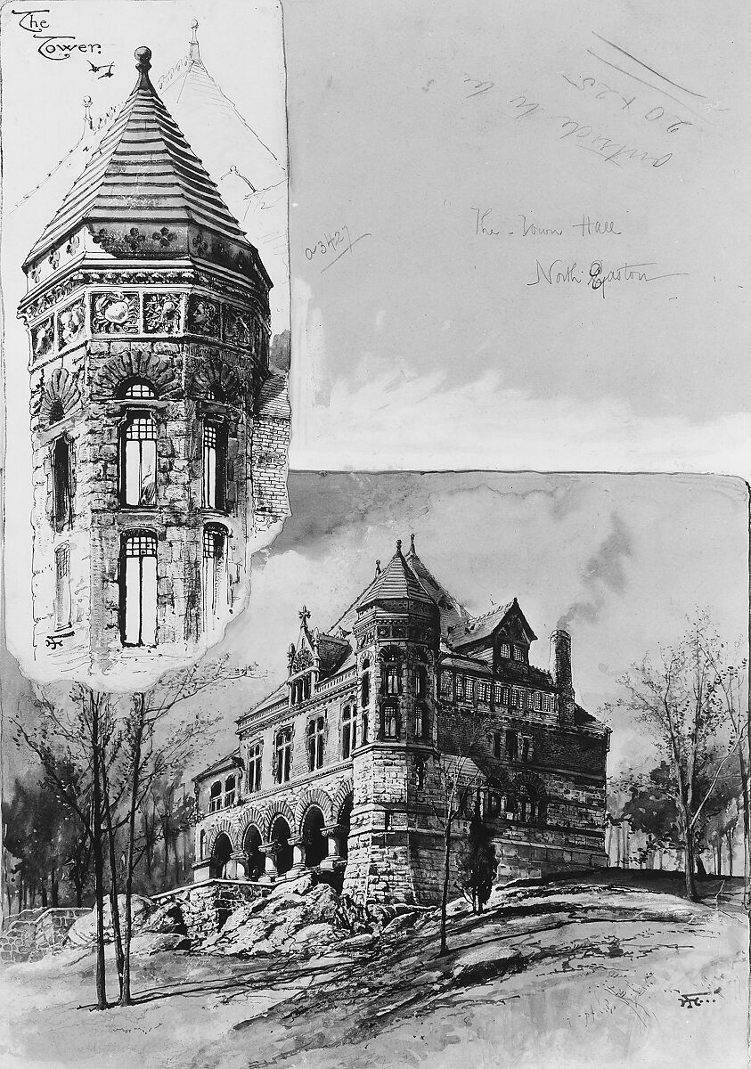 The Town Hall, North Easton, Massachusetts, Harry Fenn (American (born England), Surrey 1845–1911 Montclair, New Jersey), Black and brown ink and gouache, on paperboard, American 