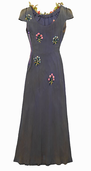 Evening dress, Schiaparelli (French, founded 1927), silk, plastic (cellulose acetate, cellulose nitrate), metal, French