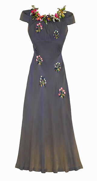 Evening dress, Schiaparelli (French, founded 1927), silk, plastic (cellulose acetate, cellulose nitrate), metal, French