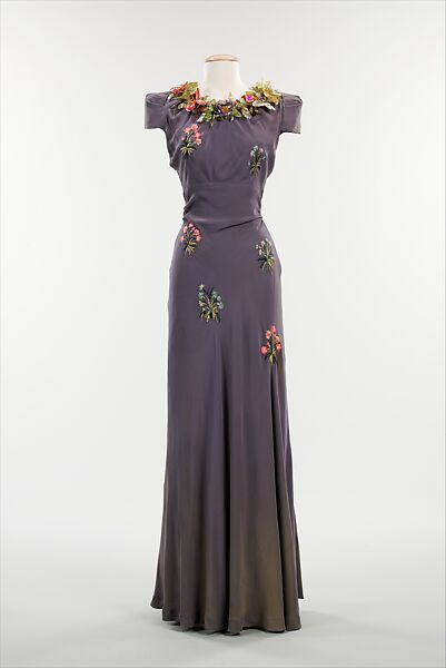 Evening dress, Elsa Schiaparelli (Italian, 1890–1973), silk, plastic (cellulose acetate, cellulose nitrate), metal, French 
