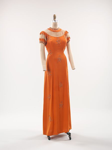 Evening dress, Elsa Schiaparelli (Italian, 1890–1973), silk, synthetic, rhinestones, metal, French 