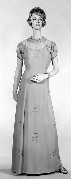 Evening dress, Elsa Schiaparelli (Italian, 1890–1973), silk, synthetic, rhinestones, metal, French