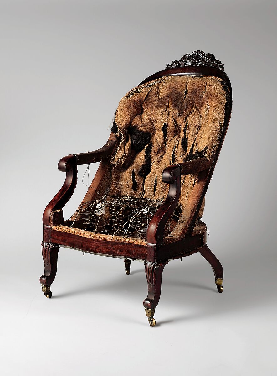 Armchair, Mahogany, ash, brass sabots and casters, American