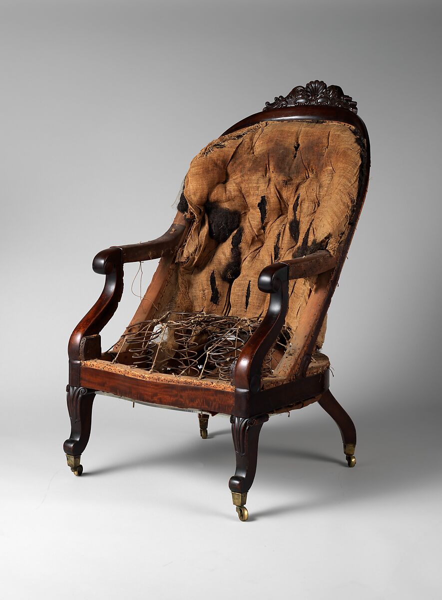 Armchair, Mahogany, ash, brass sabots and casters, American 
