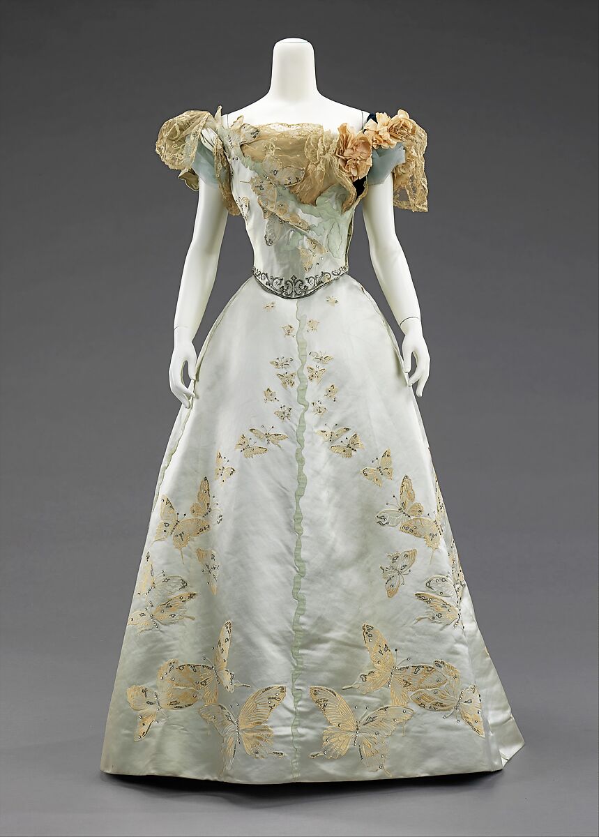 Ball gown, House of Worth (French, 1858–1956), silk, rhinestones, metal, French 
