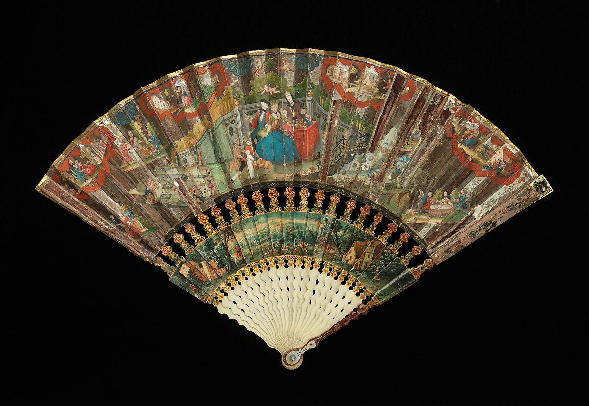 Fan, ivory, mineral, wood, silk, mother-of-pearl, paper, gouache, oil paint, European 