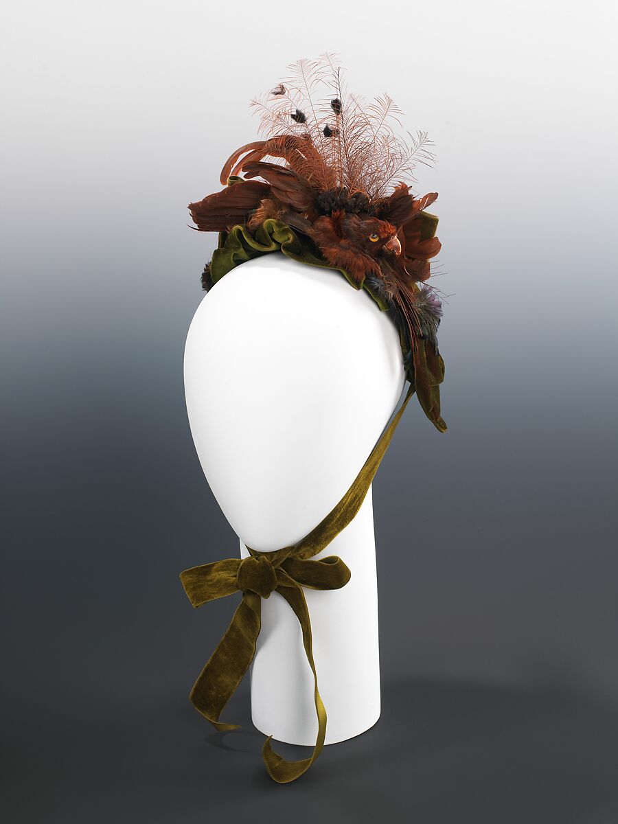 Bonnet, silk, feather, bird, probably French 