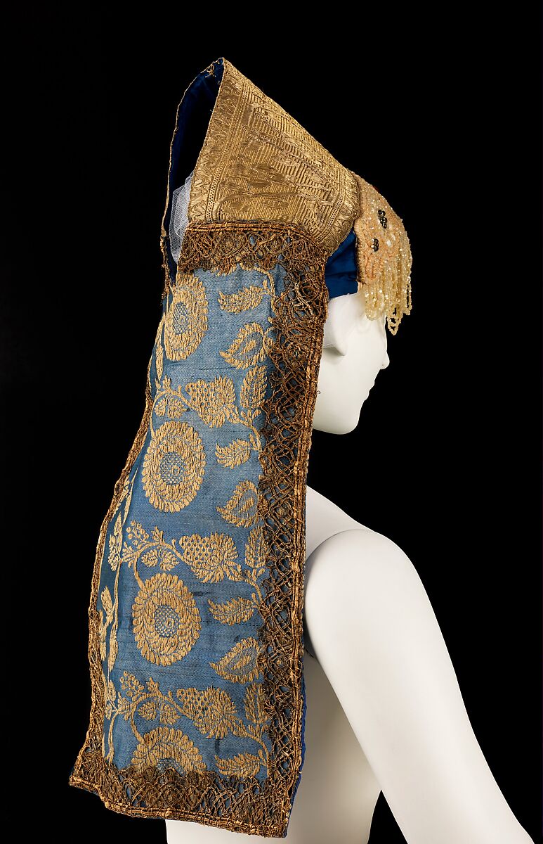 Headdress, silk, metal, shell, glass, Russian