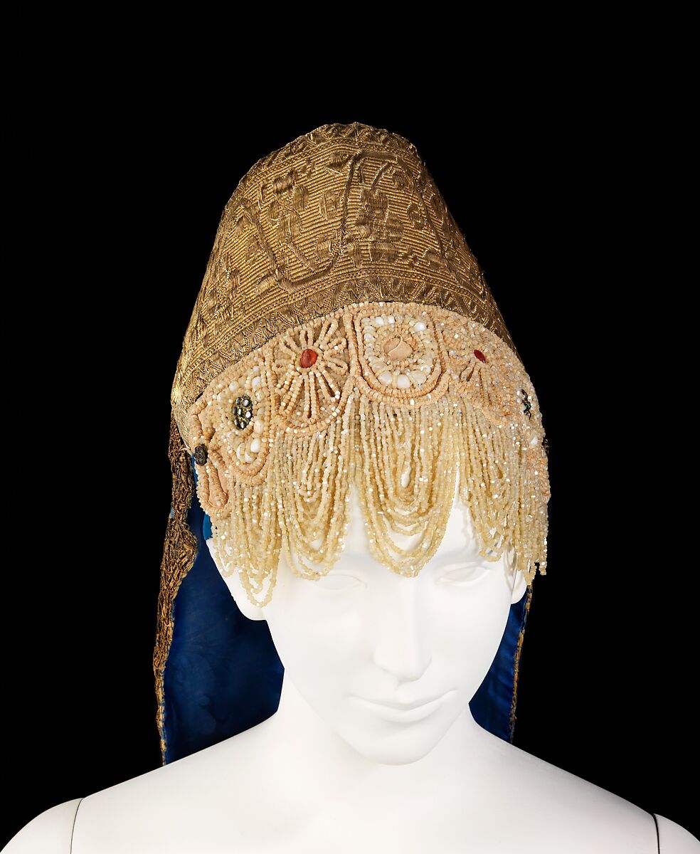 Headdress, silk, metal, shell, glass, Russian 