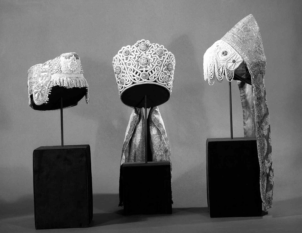 Headdress, silk, metal, shell, glass, Russian