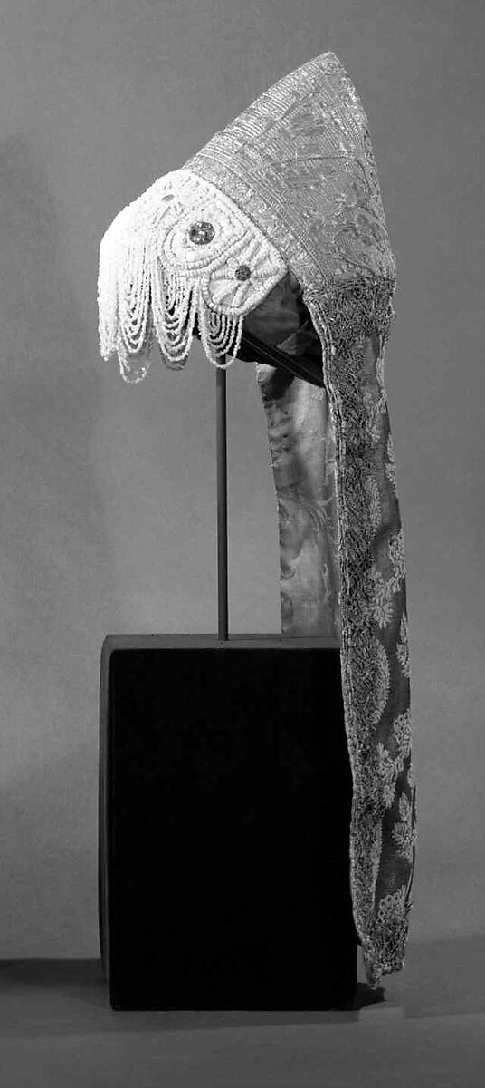 Headdress, silk, metal, shell, glass, Russian