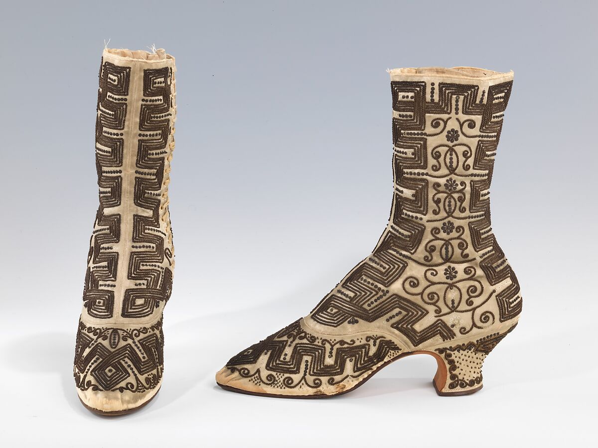 Evening boots, silk, metal, probably French 