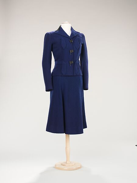 Suit, Elsa Schiaparelli (Italian, 1890–1973), wool, plastic (cellulose acetate, cellulose nitrate), French 