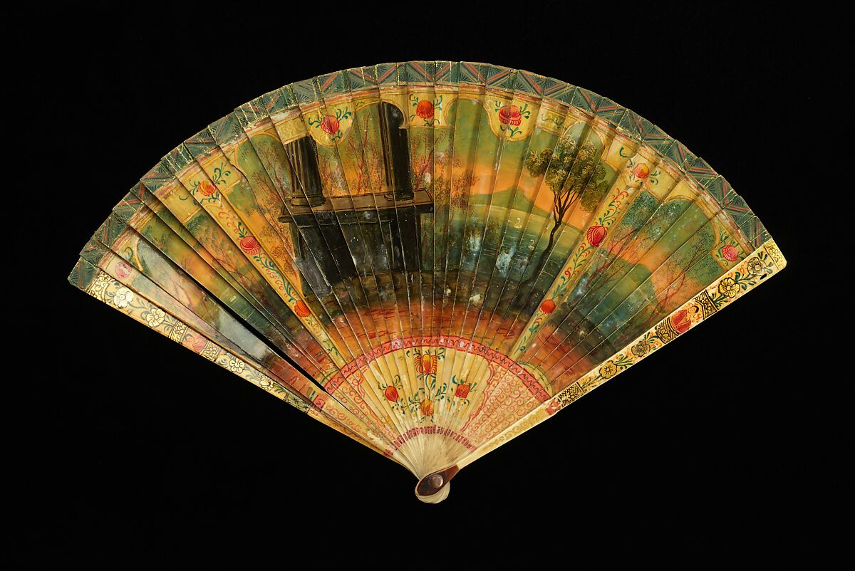 Brisé fan, ivory, oil paint, paper, probably French