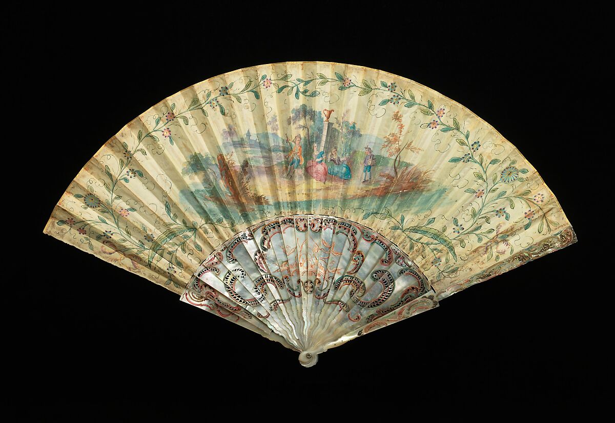 Fan, mother-of-pearl, paper, gouache, probably French
