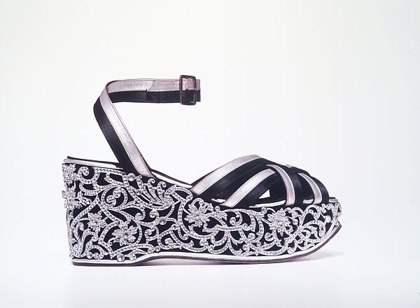 Evening sandals, Salvatore Ferragamo (Italian, 1898–1960), leather, silk, metal, rhinestones, Italian