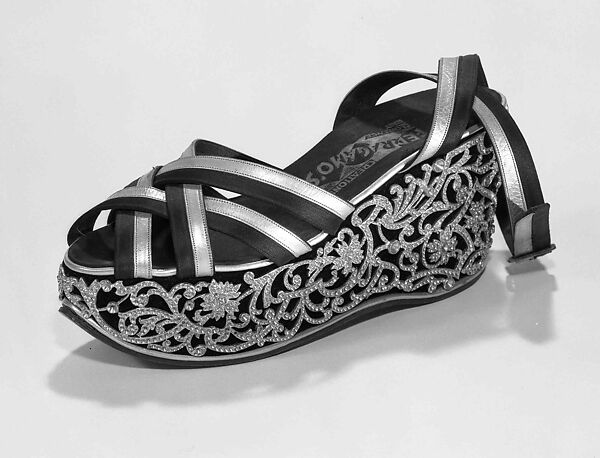 Evening sandals, Salvatore Ferragamo (Italian, 1898–1960), leather, silk, metal, rhinestones, Italian