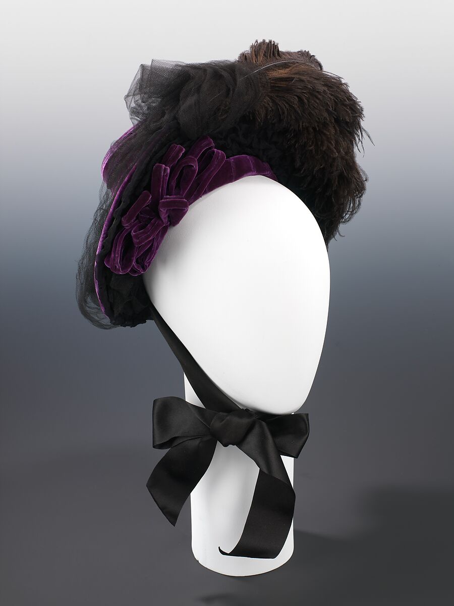 Mourning hat, West&#39;s (American, founded 1853), silk, feathers, American 