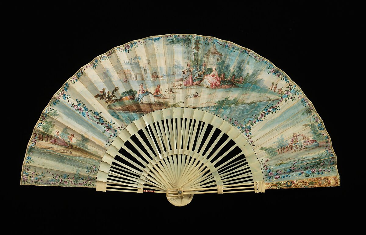 Fan, ivory, wood, paint, mother-of-pearl, paper, gouache, French