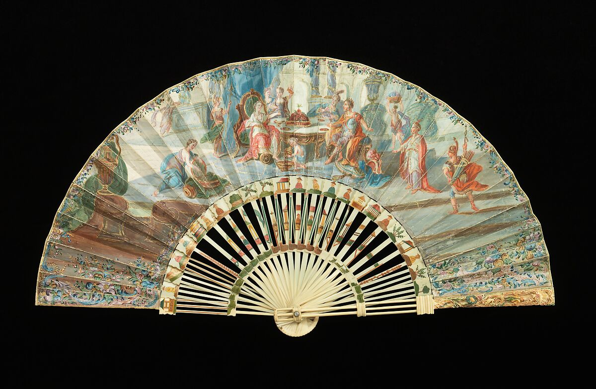 Fan, ivory, wood, paint, mother-of-pearl, paper, gouache, French 
