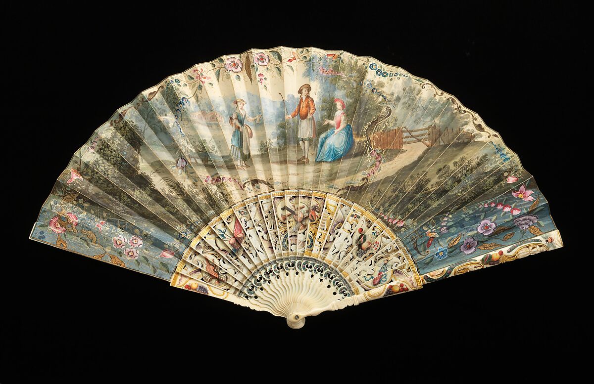 Fan, ivory, parchment, gouache, paint, French 