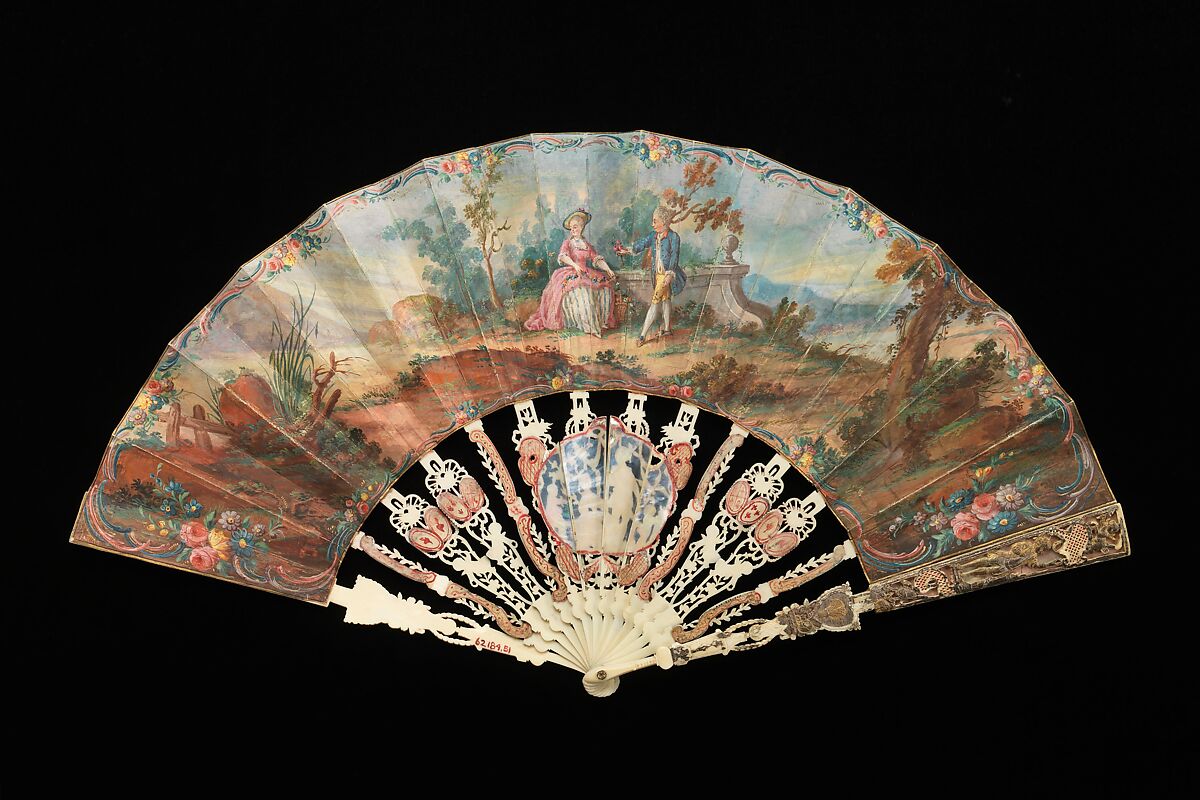 Fan, ivory, paper, gouache, metal, mother-of-pearl, probably French
