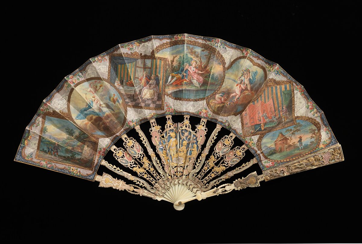 Fan, ivory, paper, gouache, metal, mother-of-pearl, probably French 