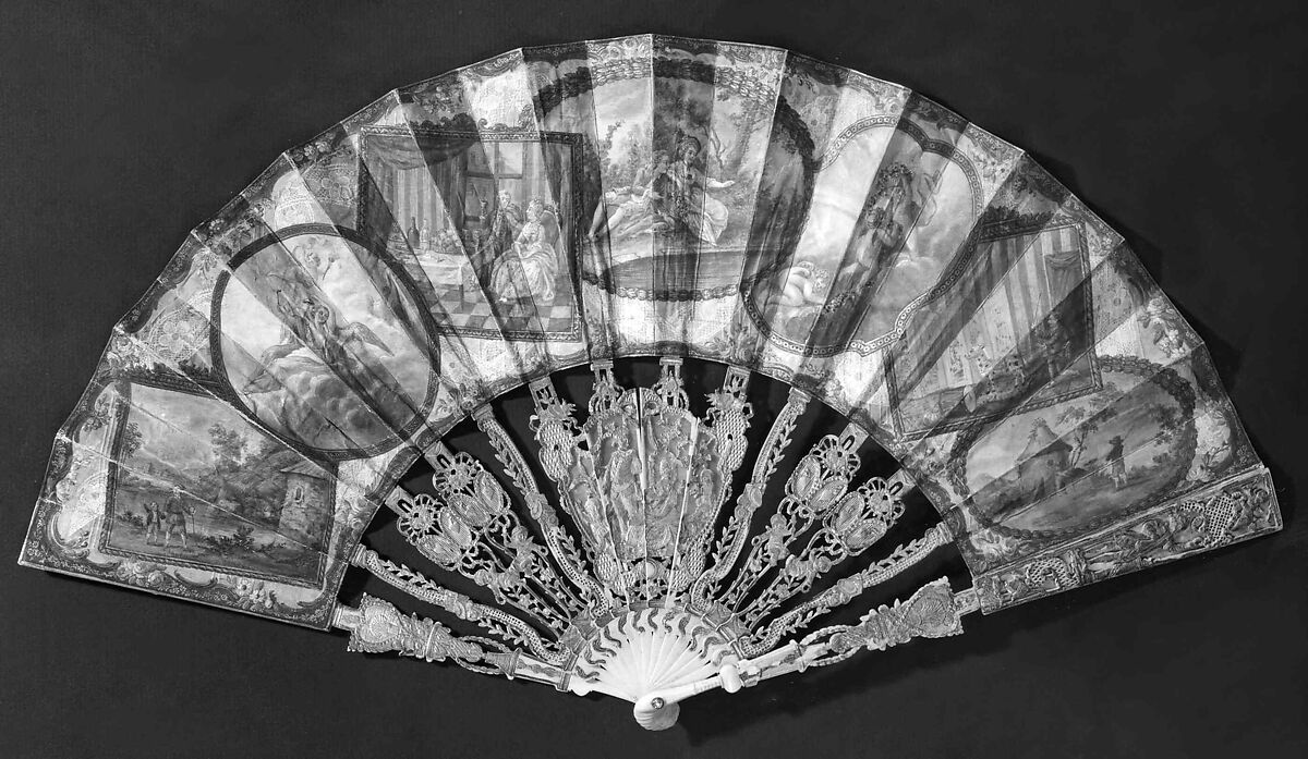 Fan, ivory, paper, gouache, metal, mother-of-pearl, probably French