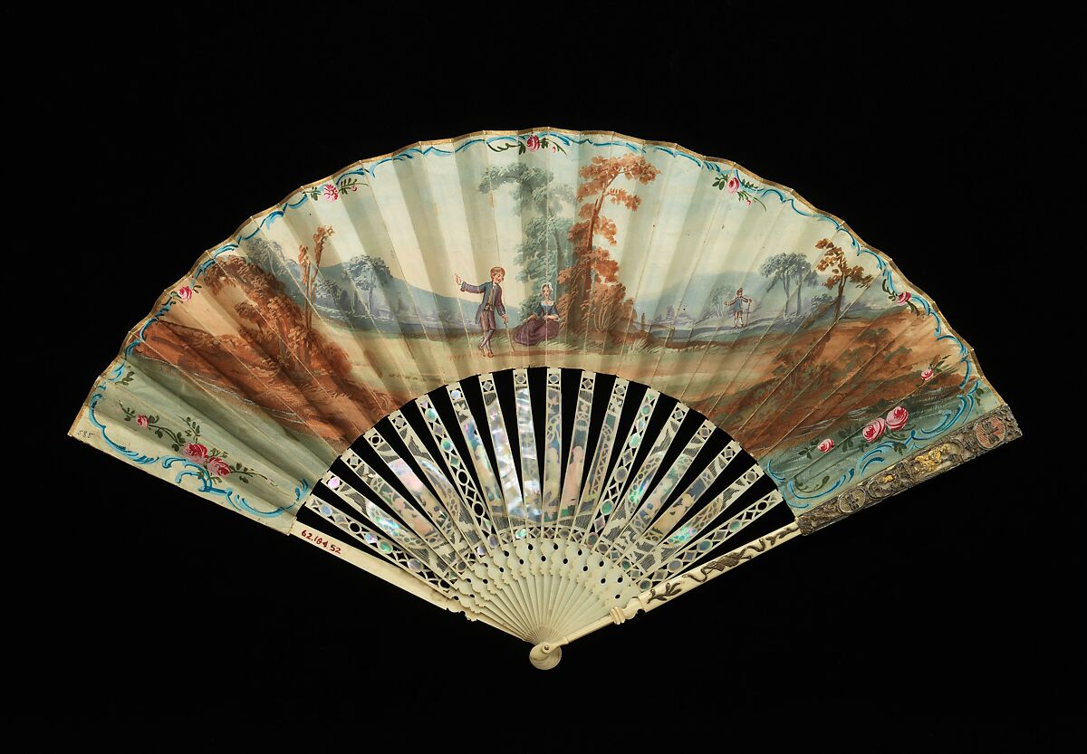 Fan, ivory, metal, mother-of-pearl, vellum, gouache, probably German