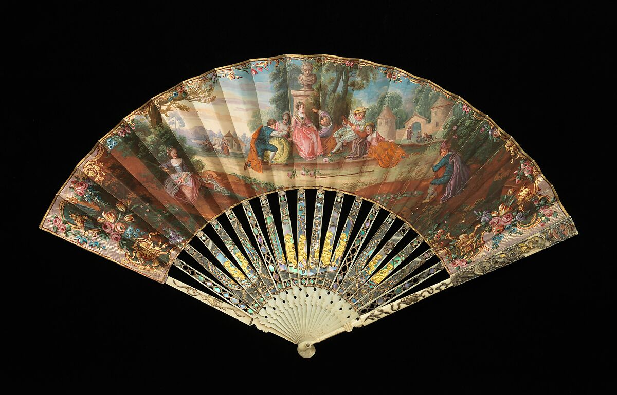 Fan, ivory, metal, mother-of-pearl, vellum, gouache, probably German 