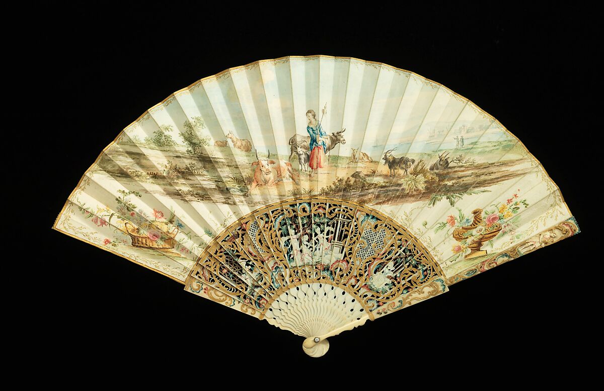 Fan, ivory, mother-of-pearl, parchment, gouache, probably Scottish 