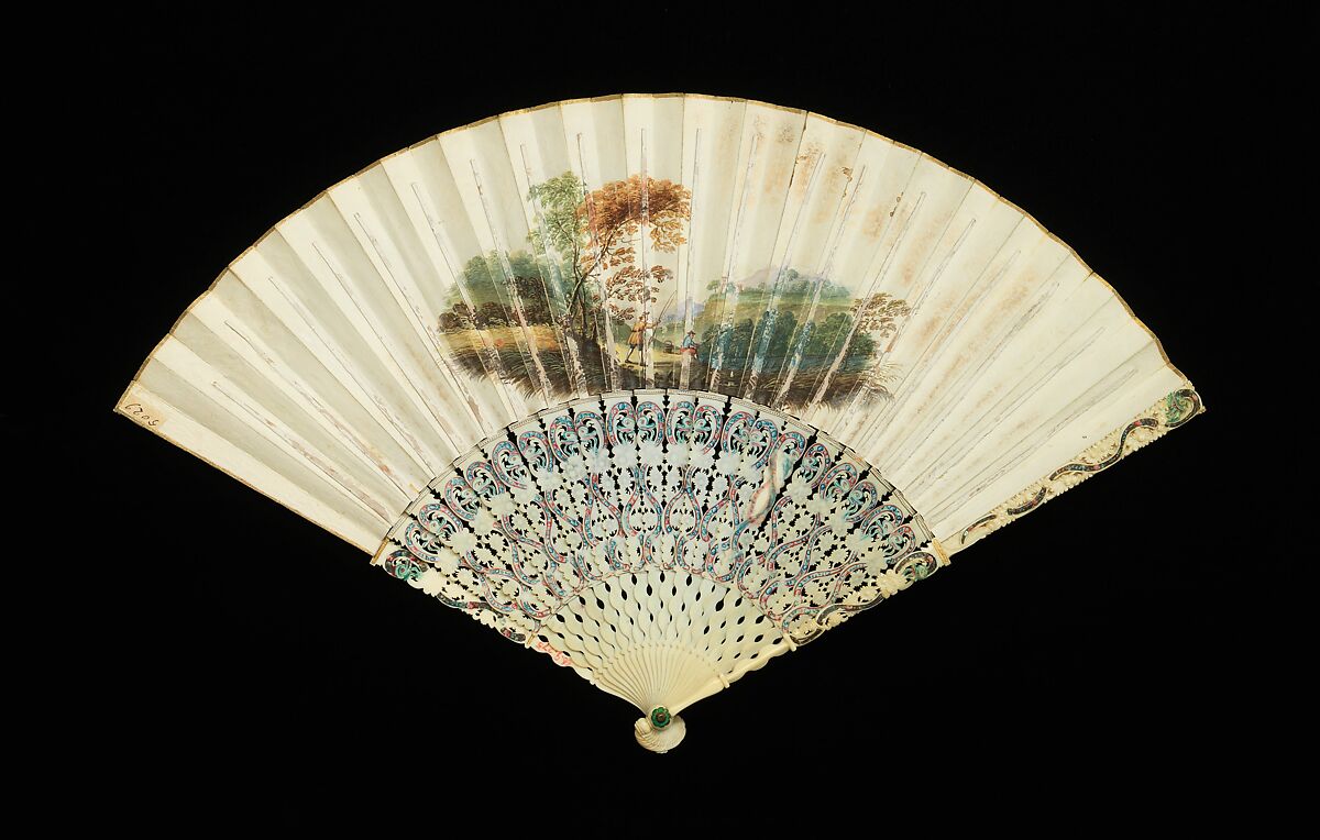 Fan, ivory, mineral, paper, gouache, paint, European