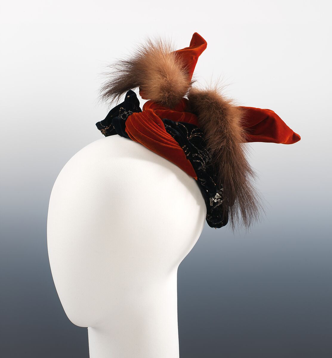 Evening hat, Berthe (French), silk, fur, metal, rhinestones, French 