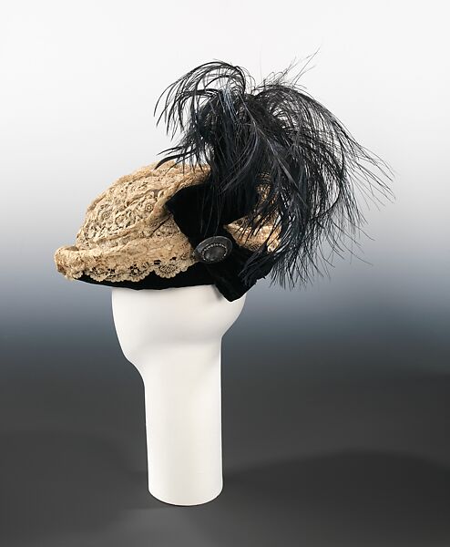 Toque, Madame Alphonsine (French), silk, linen, feather, synthetic, rhinestones, French