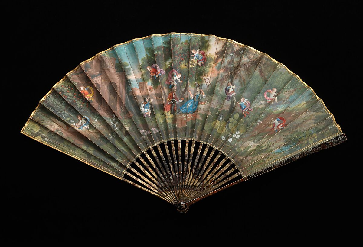Fan, wood, paper, mother-of-pearl, gouache, French 