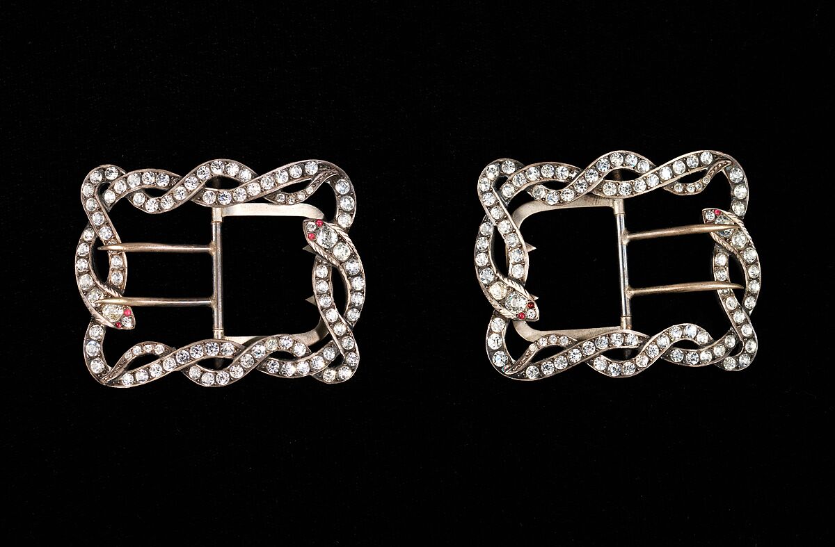 Shoe buckles, metal, rhinestones, glass, French 