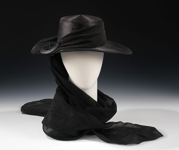 Mourning hat, Henri Bendel (American, founded 1895), straw, silk, plastic, metal, American 