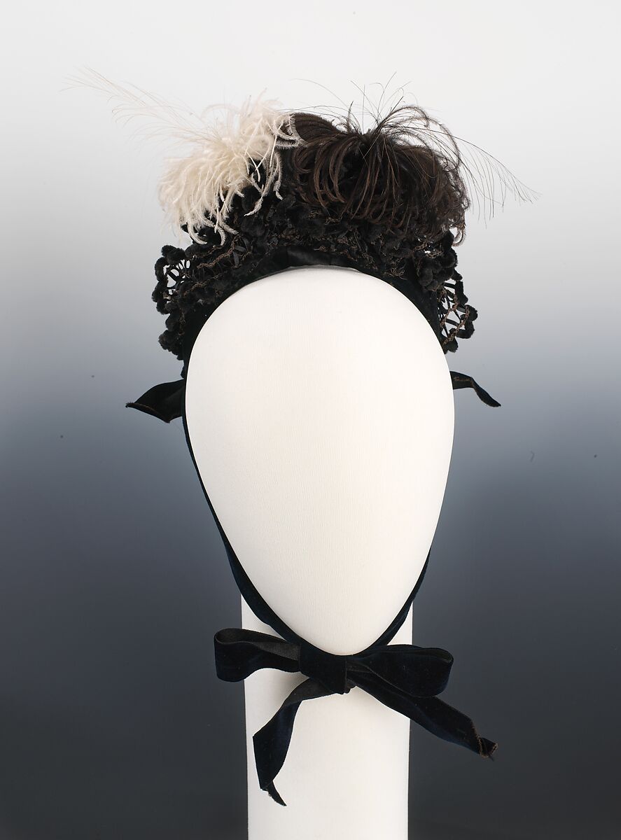 Evening hat, silk, feathers, jet, American 