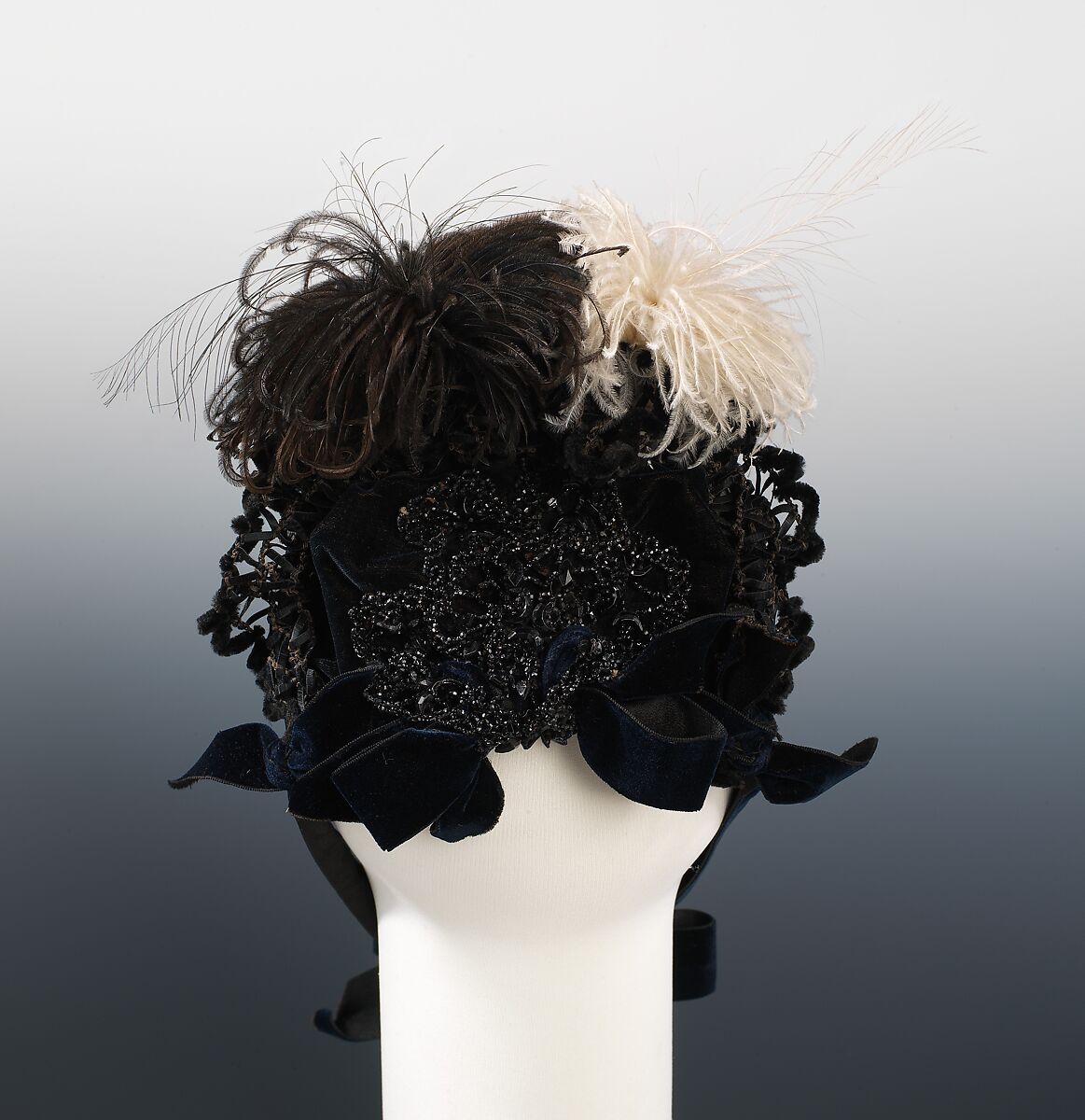 Evening hat, silk, feathers, jet, American