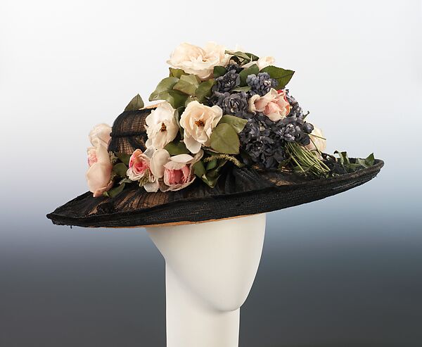 Hat, Mme. Pauline (American), straw, linen, silk, American 