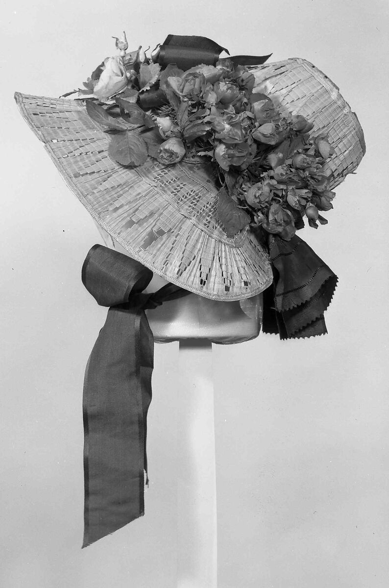 Poke bonnet, straw, silk, American