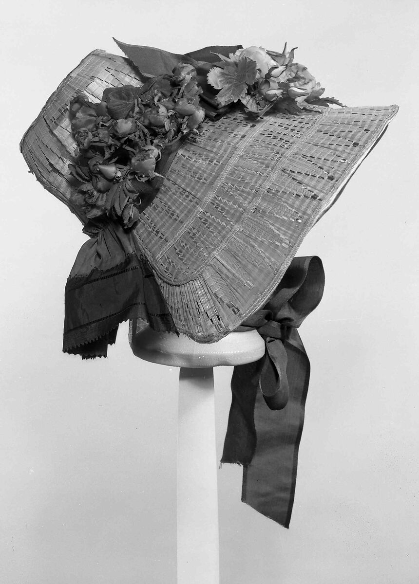 Poke bonnet, straw, silk, American