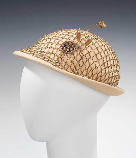 Dinner hat, Mr. John, Inc. (American, 1948–1970), wool, metal, rhinestones, metal, American 