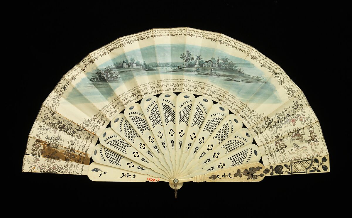 Fan, ivory, paper, gouache, mother-of-pearl, metal, metallic, British