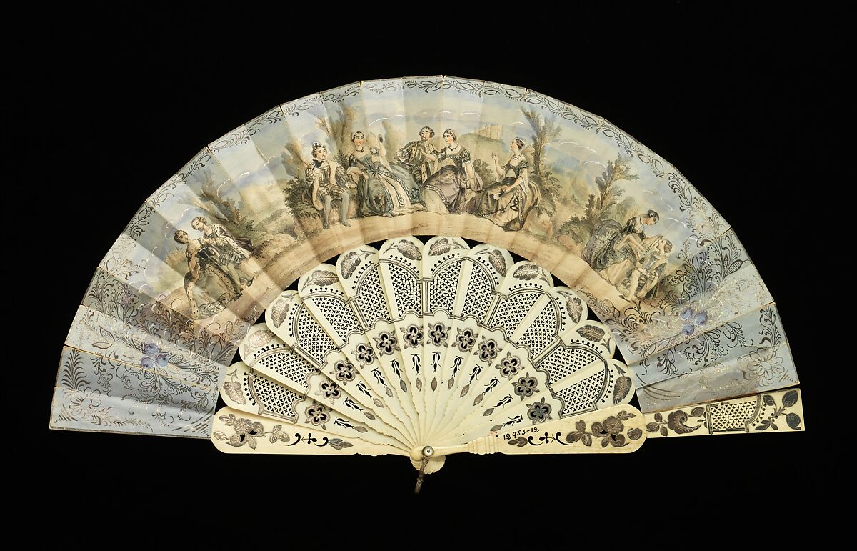 Fan, ivory, paper, gouache, mother-of-pearl, metal, metallic, British 